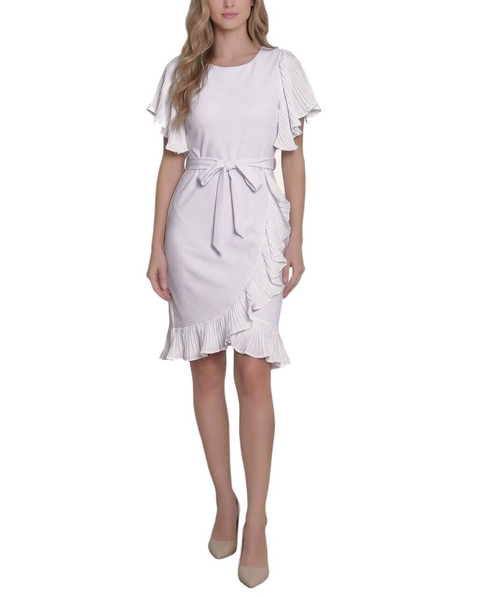 NY Collection Women's Short-Sleeve Pleated Ruffle Dress White Size 8 3907